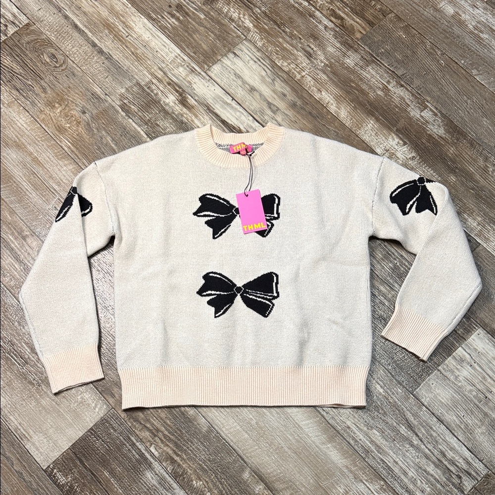 New Chic Cream Sweater with Black Bow Accents Size Medium